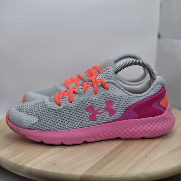 Women's Sz 8.5 Shoes Under Armour Charged Rogue 3 Irid Sneakers Pink/Orange/Grey - Picture 1 of 8